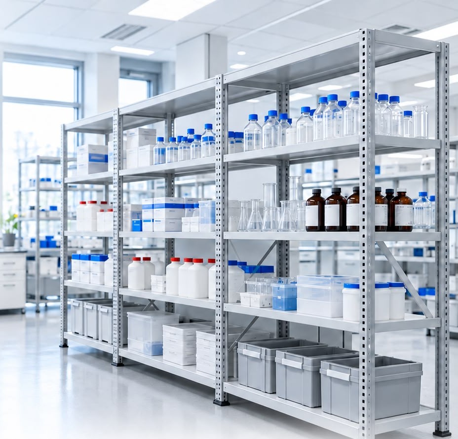 Şişe, kimyasal ve saklama kutularıyla dolu galvaniz çelik HEF2LAB açık laboratuvar raf sistemi