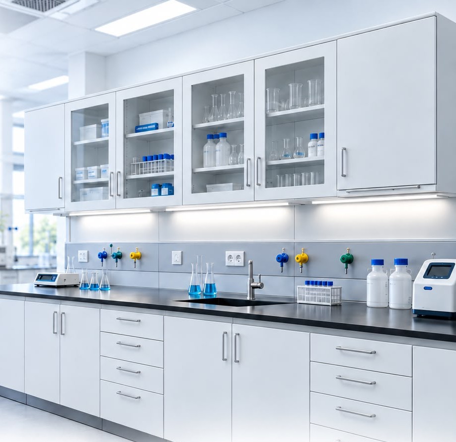Cam kapaklı duvar dolapları ve çekmeceli tezgâh altı dolaplarından oluşan beyaz HEF2LAB laboratuvar dolap sistemi