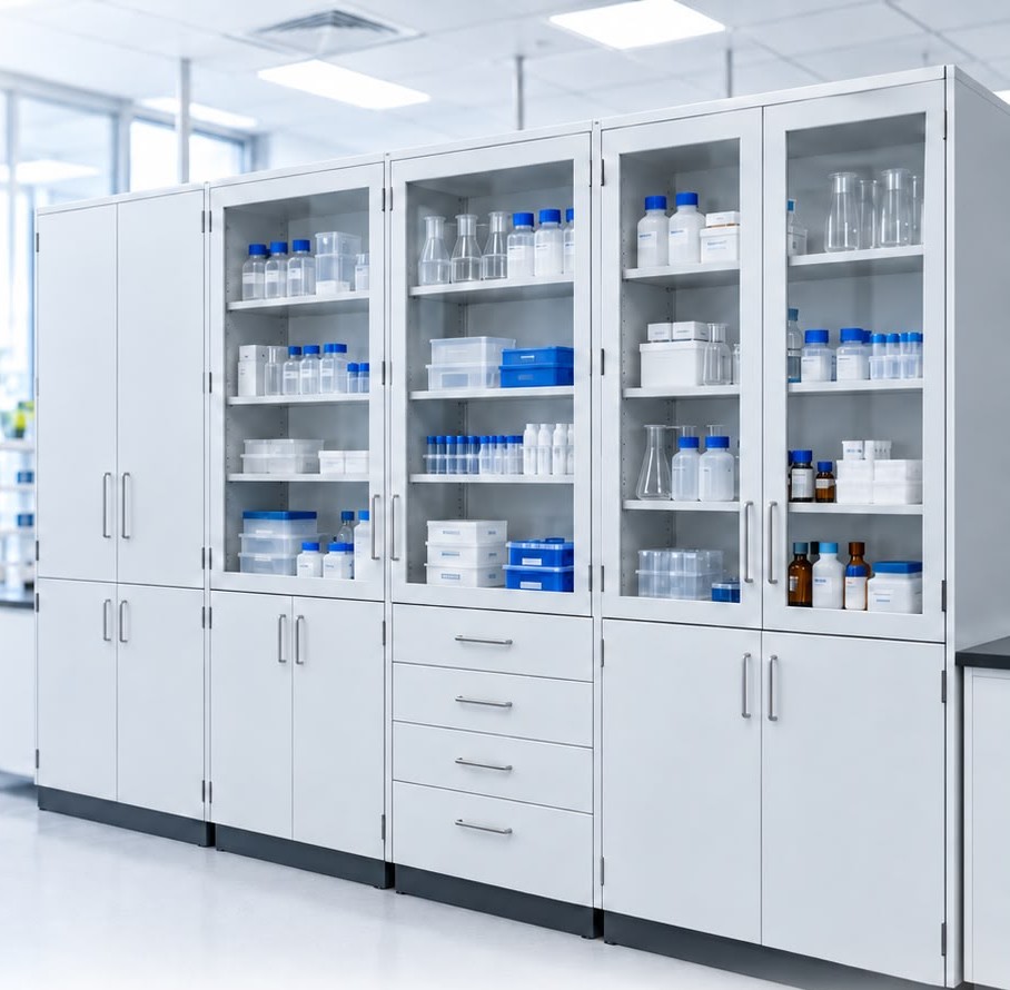 Cam kapaklı üst bölmeler, çekmeceler ve kapaklı alt gövdeden oluşan beyaz HEF2LAB laboratuvar malzeme dolapları