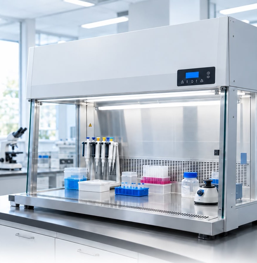 Pipet, tüp ve sarf malzemelerinin yerleştirildiği cam yan panelli HEF2LAB PCR numune hazırlama kabini