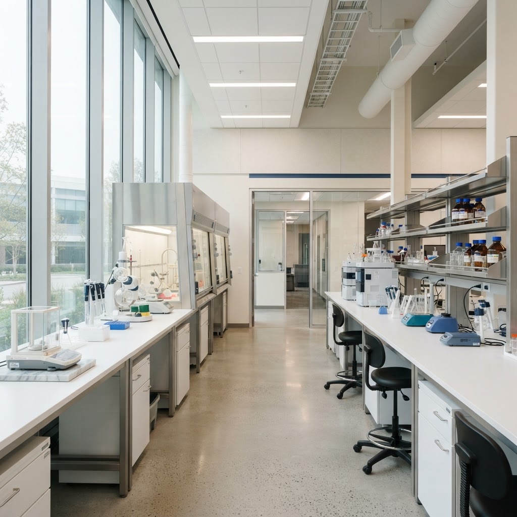 Modern ve aydınlık laboratuvar iç mekanı — HEF2LAB entegre laboratuvar sistemi